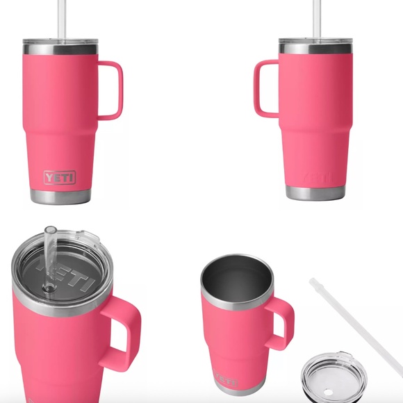 4 YETI 25 OZ RAMBLER MUY WITH STRAW LID WHITE, BLUE, PINK AND PAPAYA - Picture 2 of 13